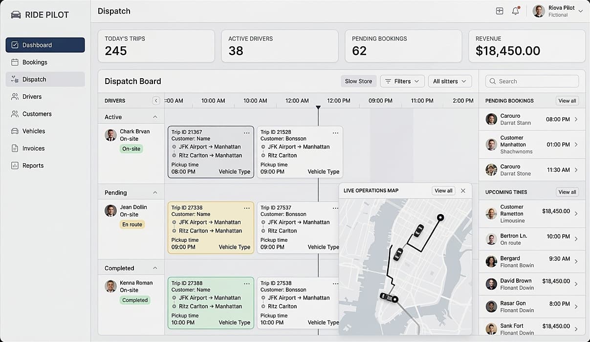 Route Pearl dispatch board with today's trips, active drivers, pending bookings and a live operations map
